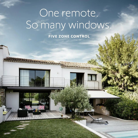 Modern house with patio, showcasing automated outdoor blinds, controlled by Telis 1 Patio Remote For Outdoor Blinds And Shades.