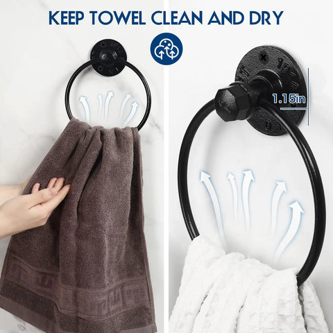 Rad Industrial Pipe Towel Ring Wall Mounted For Bathroom Rustic Black Iron Hand Towel Holder Durable Wall Mount Rack For Towels Easy Install Waterproof Rustproof Six Inch Ring Fits Most Towels