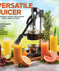 Extra Large Cast Iron Juicer Hand Press Citrus Squeezer For Fresh Orange Pomegranate Lemon Juice Heavy Duty Commercial Grade Black Durable Cast Iron Construction With Easy Lever Action Ideal For Home Kitchens Cafes And Juice Bars in a kitchen setting with fresh fruits.