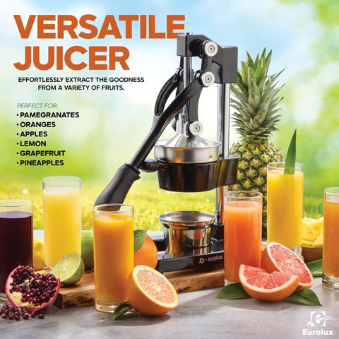 Extra Large Cast Iron Juicer Hand Press Citrus Squeezer For Fresh Orange Pomegranate Lemon Juice Heavy Duty Commercial Grade Black Durable Cast Iron Construction With Easy Lever Action Ideal For Home Kitchens Cafes And Juice Bars in a kitchen setting with fresh fruits.