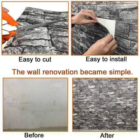 20 Pack 3D Wall Panels Peel And Stick Foam Brick Wallpaper Self Adhesive Faux Stone Wall Panels Black 3D Brick Tiles for easy install and cut