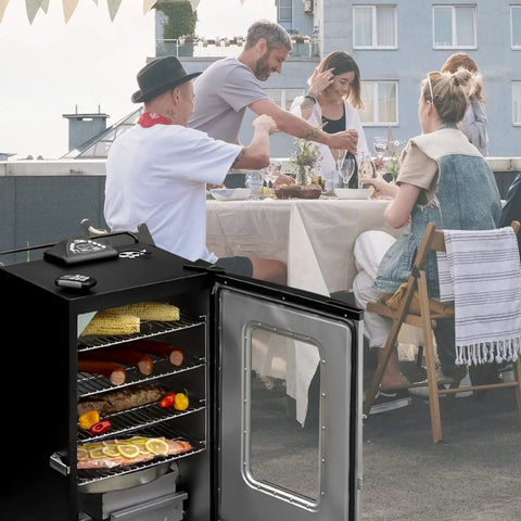 Digital Control Panel Replacement For Electric Smokers with open smoker showing food, party in background