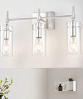 Brushed Nickel 3 Light Vanity Light For Bathroom With Clear Glass Shades Over Mirror Modern Industrial Style Vanity Fixture