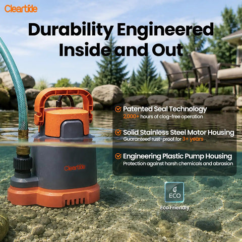 No Fuss Submersible Utility Water Pump 2760 GPH Portable Sump Pump With Copper Motor Plug in water with hose for yard use.