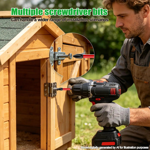 Man using a drill with screwdriver bits on wooden shed; Heavy Duty Countersink Drill Bit Set, 23 Piece Tapered Wood Bits With Plug Cutter, Slick Hex Shank, Adjustable Depth Rings, Pro Workhorse Kit With Sandpaper And Sturdy Carry Box.