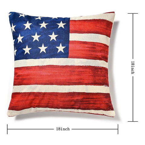 All American Patriotic Throw Pillow Covers Set Of 4 18 By 18 Inches Red White And Blue Decor For 4th Of July Memorial Day Veterans Day USA Outdoor Home Accent Vibes pillow cover with American flag design.