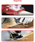 Steps demonstrating the 2-in-1 Door Hinge Jig and Lock Hole Drilling Kit, Adjustable Aluminum Router Template in use.