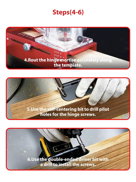 Steps demonstrating the 2-in-1 Door Hinge Jig and Lock Hole Drilling Kit, Adjustable Aluminum Router Template in use.
