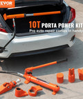 10 Ton Portable Hydraulics Porta Power Kit With 4.6 Ft Long Hose And Extended Handle Auto Body Frame Repair Jack System Includes Sturdy Carry Case laid out in a trunk, showing tools and hose.