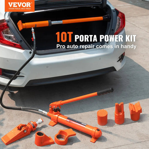 10 Ton Portable Hydraulics Porta Power Kit With 4.6 Ft Long Hose And Extended Handle Auto Body Frame Repair Jack System Includes Sturdy Carry Case laid out in a trunk, showing tools and hose.