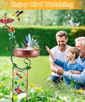 Family enjoying bird watching with 2 In 1 Outdoor Bird Bath And Feeder Stand, freestanding copper metal, garden, patio, yard.