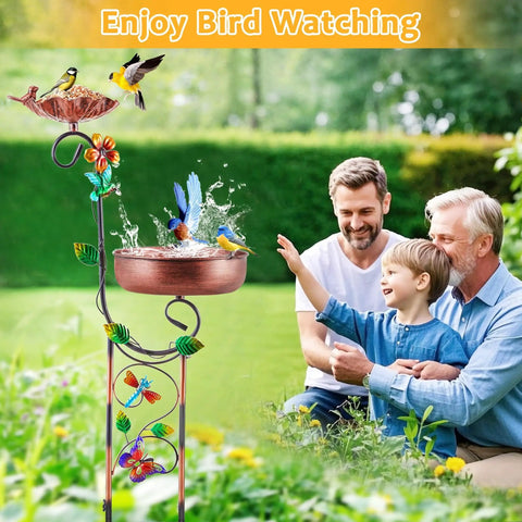Family enjoying bird watching with 2 In 1 Outdoor Bird Bath And Feeder Stand, freestanding copper metal, garden, patio, yard.
