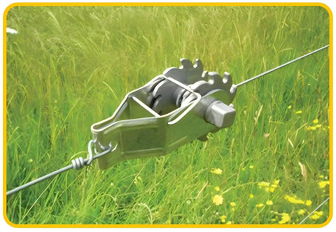 Heavy Duty Inline Wire Tensioner Kit For Electric Fences And Farm Fencing, rugged metal ratchet on wire in grassy field