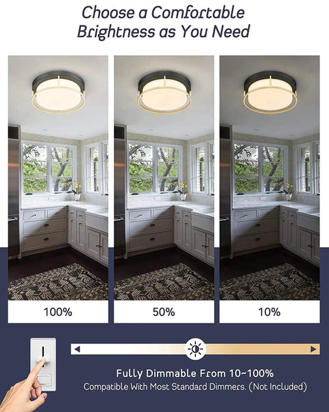 Dope Industrial Chic LED Flush Mount Ceiling Light 12 Inch 24W 1100 Lumens Dimmable 3000K Matte Black Gold Frame in kitchen view