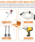 Heavy Duty Garage Tool Organizer Wall Mount Hanger For Weed Eaters Trimmers And Hedge Trimmers 2 Pack Wall Rack Keeps Tools Off The Floor And Maximizes Garage Space with a hose, shovel, lawn mower, and power tool.