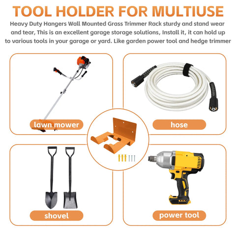 Heavy Duty Garage Tool Organizer Wall Mount Hanger For Weed Eaters Trimmers And Hedge Trimmers 2 Pack Wall Rack Keeps Tools Off The Floor And Maximizes Garage Space with a hose, shovel, lawn mower, and power tool.