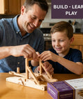 Father and son assembling Medieval Catapult STEM Building Kit Wooden Catapult Model For Mechanical Engineering Physics