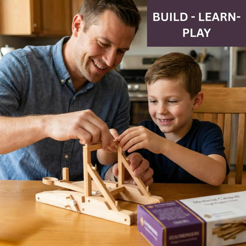 Father and son assembling Medieval Catapult STEM Building Kit Wooden Catapult Model For Mechanical Engineering Physics