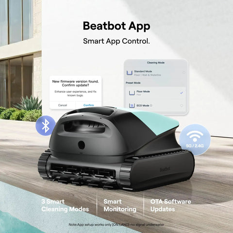 Sora 10 Cordless Pool Vacuum Robot For Inground And Above Ground Pools, 6800 GPH Suction, Mint Green, next to poolside