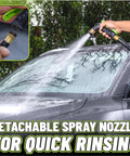 Hands using Torq Foam Blaster 6 Foam Cannon Garden Hose Attachment for quick car rinsing with detachable spray nozzle.