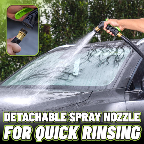 Hands using Torq Foam Blaster 6 Foam Cannon Garden Hose Attachment for quick car rinsing with detachable spray nozzle.