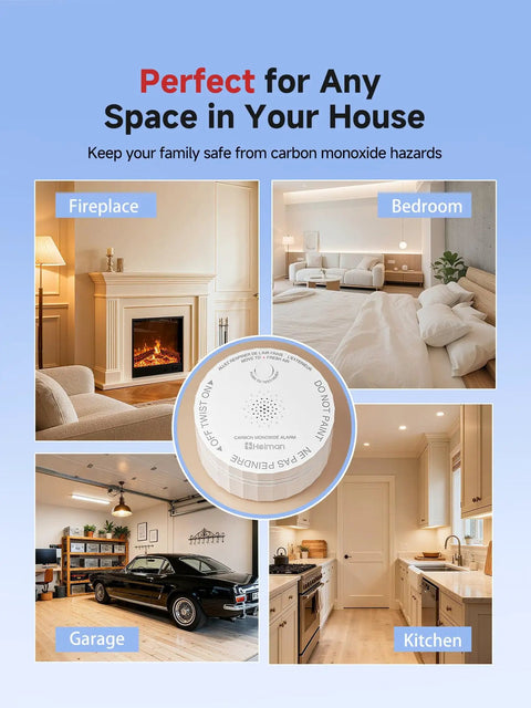 Nano Sized Portable Carbon Monoxide Alarm Battery Powered With 85 Decibels Alert UL 2034 5th Edition Certified And CSFM Approved 10-Year Battery Figaro Sensor Test Button Small CO Detector For Home Travel RV in various rooms.