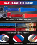 12 Ft Semi Truck Air Line Hose Assembly with gladhands, red and blue color-coded rubber hoses with spring protection.