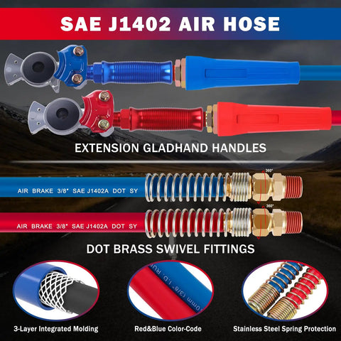 12 Ft Semi Truck Air Line Hose Assembly with gladhands, red and blue color-coded rubber hoses with spring protection.