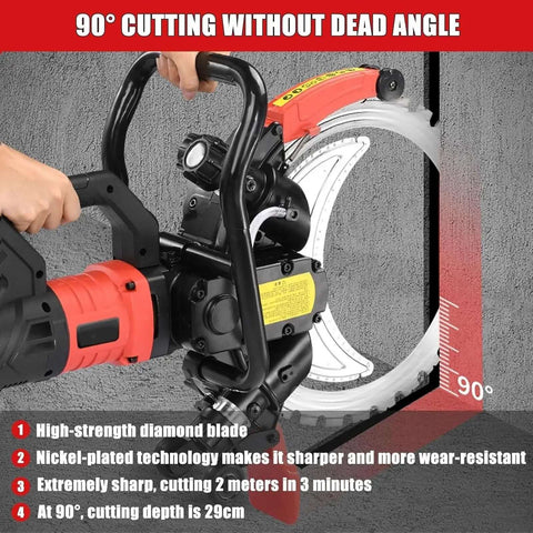 Heavy Duty Concrete Ring Saw With Massive 11 Inch Cut Depth And Commercial Diamond Blade in use cutting concrete at a 90-degree angle.