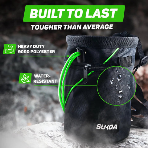 Chalk Bag For Rock Climbing And Multi Purpose Training Gear With Quick Clip Belt And Dual Zip Pockets, water-resistant polyester