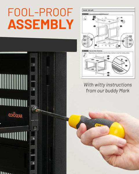 Assembly of 12U Enclosed Wall Mount Network Rack With Dual 1U Shelves, screwdriver in use, assembly instructions visible