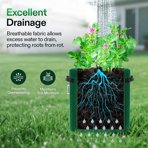 Cross-section of Five Pack 7 Gallon Fabric Potato Grow Bags With Handles And Roll Up Windows For Easy Harvests showing drainage