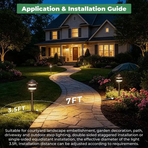 Pagoda Low Voltage Landscape Path Lights 12V Outdoor LED Bronze Three Tier Lanterns illuminating garden path