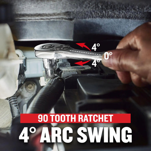 90 tooth ratchet demonstrating arc swing in 262 Piece Mechanic Tool Set In Versastack 3 Drawer Box With SAE And Metric Sockets Car And Motorcycle Tool Kit