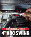 Top Shelf Ten Piece Mechanics Tool Set With Three Eighth Inch Drive Ninety Tooth Low Profile Ratchet Full Polish Chrome Sae Sockets Six Point Grip Lifetime Warranty Built Tough For Everyday Garage Grinds 90 tooth ratchet demonstrating 4 degree arc swing in automotive use.