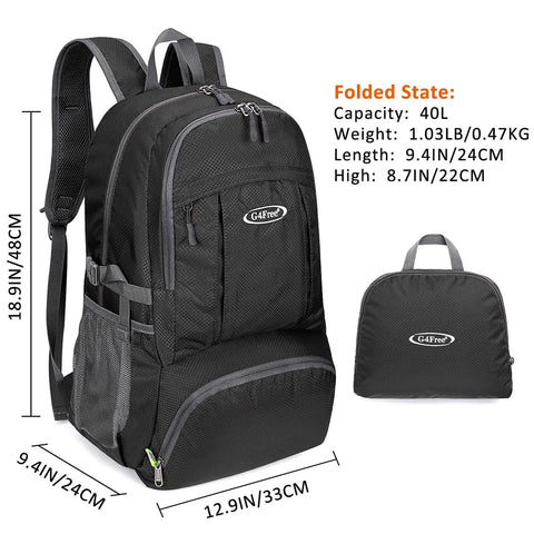 40L Lightweight Packable Hiking Backpack With Wet Pocket Waterproof Daypack folded and unfolded, showing size and features.