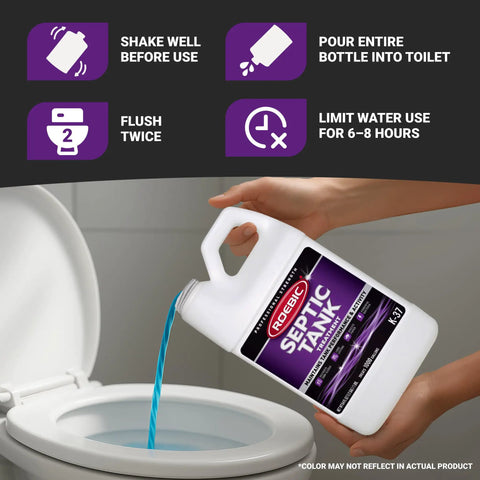 64-ounce septic tank treatment being poured into toilet for No Fuss Septic Tank Treatment With Patented Bacteria Blend For Efficient Breakdown Of Paper Proteins Starch And FOG Reducing Odors And Preventing Clogs Safe For All Plumbing Systems Economical Quarterly Or On Demand For A Healthy Septic