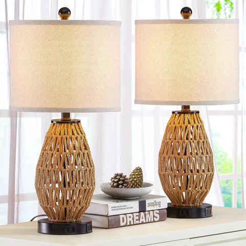 Touch Control Rattan Bedside Lamps Set Of 2 With 3 Way Dimming USB Ports And AC Outlet Wicker Nightstand Lamps For Living Room