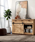 Wooden cabinet with Bypass Mini Barn Door Hardware Kit, black powder coat, solid steel construction for durability and corrosion resistance.