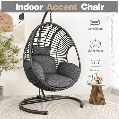 Oversized Hanging Egg Chair With Stand For Outdoor Patio Garden Balcony, Wicker Swing Chair With Cushions, Strong Steel Frame
