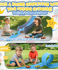 Children playing with 15 Foot Cobalt Blue Flexible Race Car Track With Two Lanes Includes Suction Cups Built For Epic Mini Races And Stunts