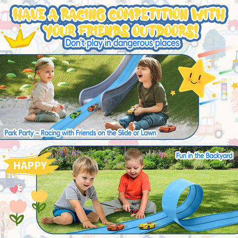 Children playing with 15 Foot Cobalt Blue Flexible Race Car Track With Two Lanes Includes Suction Cups Built For Epic Mini Races And Stunts