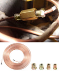 Copper-nickel brake line tubing coil with four brass fittings; installed line in vehicle (top) and full coil (bottom).
