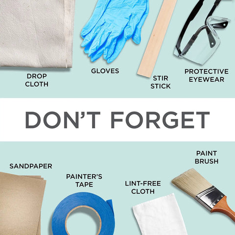 Painting supplies including drop cloth, gloves, stir stick, protective eyewear, sandpaper, painter's tape, lint-free cloth, and paint brush.