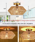 Boho Woven Rattan Ceiling Light Fixture With Handwoven Cage, Semi Flush Mount, Natural Brown Rattan, Antique Brass Base, Rustic Design