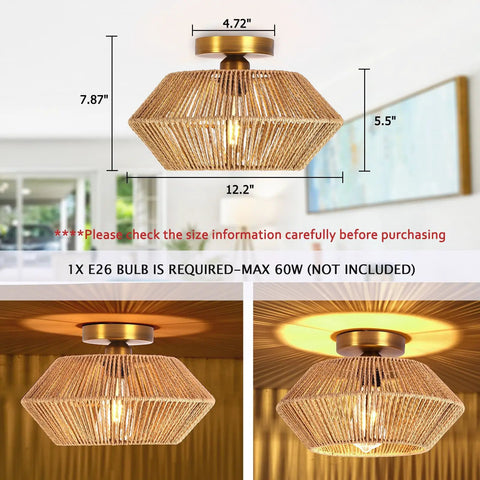 Boho Woven Rattan Ceiling Light Fixture With Handwoven Cage, Semi Flush Mount, Natural Brown Rattan, Antique Brass Base, Rustic Design