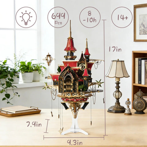 Epic 3D Wooden Puzzle Kit For Adults Steampunk Castle Model With LED Lights DIY Architectural Build For Display Decor And Gift Ideas 699 Pieces Great Gift For Puzzle Lovers, 17in tall