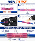 Instructions for using Blue Heat Shrink Butt Connectors 100 Pack 16 Thru 14 Awg Beefy Copper Crimp Wire Splices.