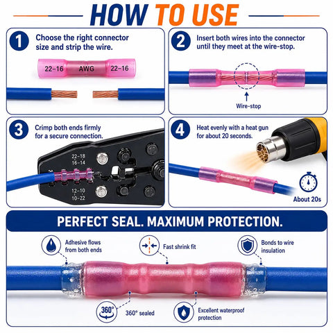 Instructions for using Blue Heat Shrink Butt Connectors 100 Pack 16 Thru 14 Awg Beefy Copper Crimp Wire Splices.