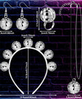 Disco Party Costume Accessories Set For Women A 5 Piece Vintage 60s 70s Look Including Necklace, Disco Ball Earrings, Headband, Ring, Glasses And Sunglasses For Retro Night Out And Club Vibe displayed on black background with dimensions